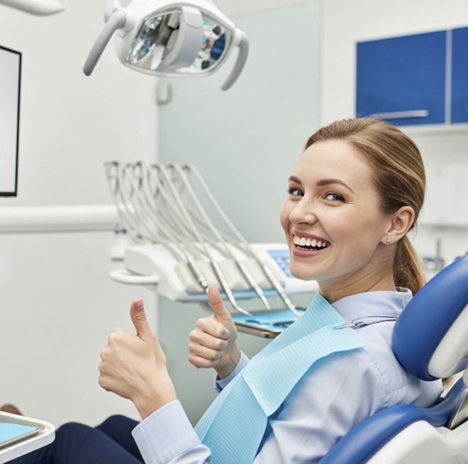 Relaxed patient giving a thumbs up after sedation treatment