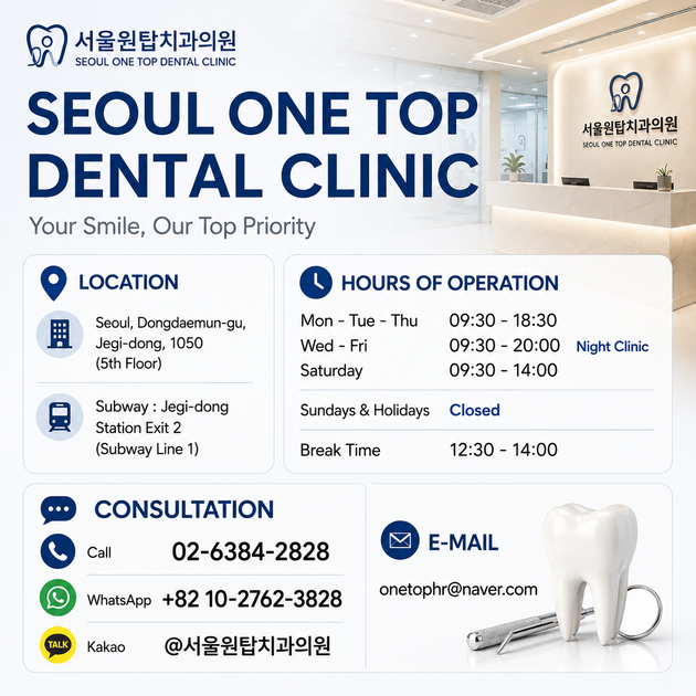 Location, hours, phone and email for Seoul One Top Dental Clinic Dongdaemun