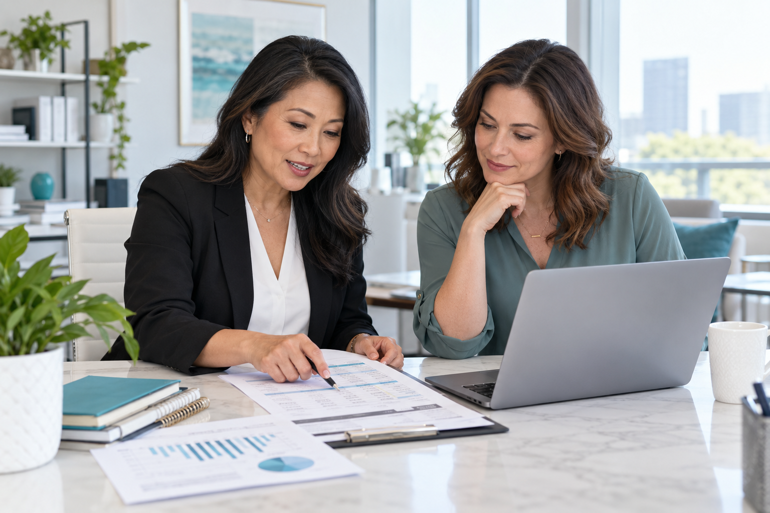 Two coworkers review documents beside a laptop in a bright office