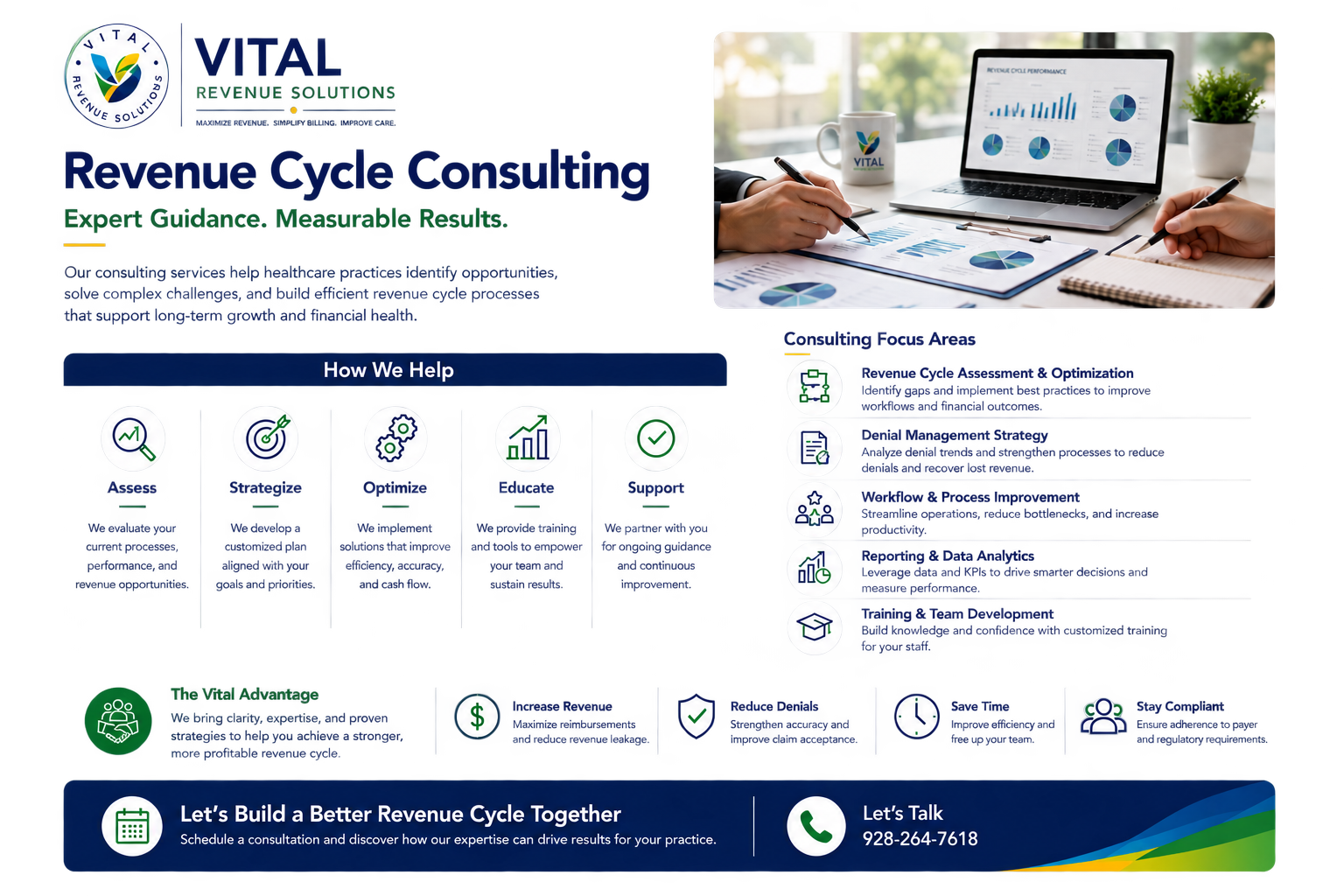 Revenue Cycle Consulting flyer with laptop dashboard, service icons, and contact information on a blue-and-white layout