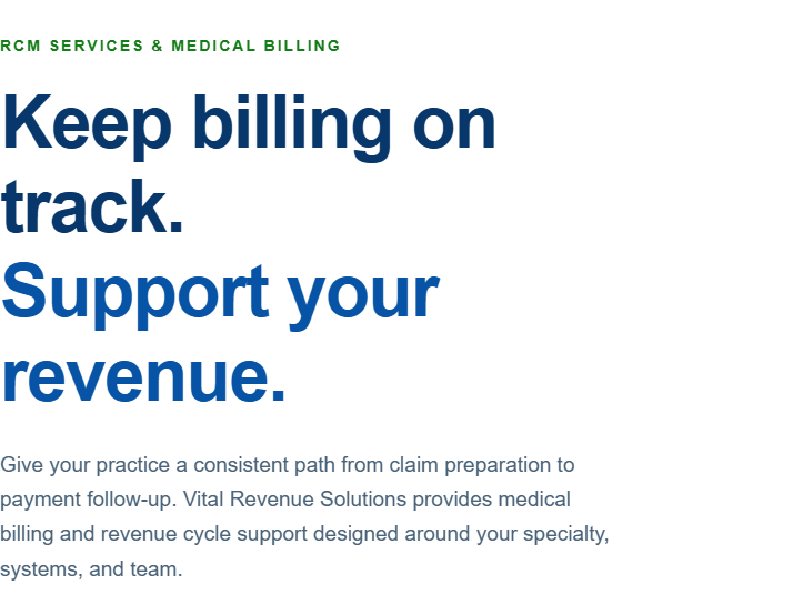 Blue marketing banner reading “Keep billing on track. Support your revenue.” for RCM services and medical billing