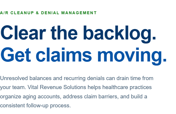 Blue-and-green banner reading “Clear the backlog. Get claims moving.”