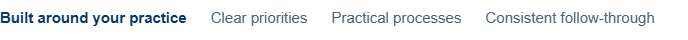 Webpage banner with tabs: Built around your practice,Clear priorities,Practical processes, and Consistent follow-through