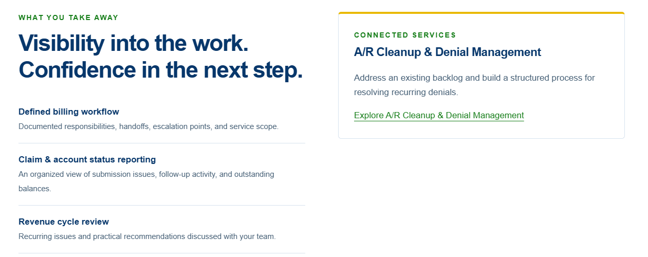 Webpage banner with “Visibility into the work. Confidence in the next step.” and a dashboard preview
