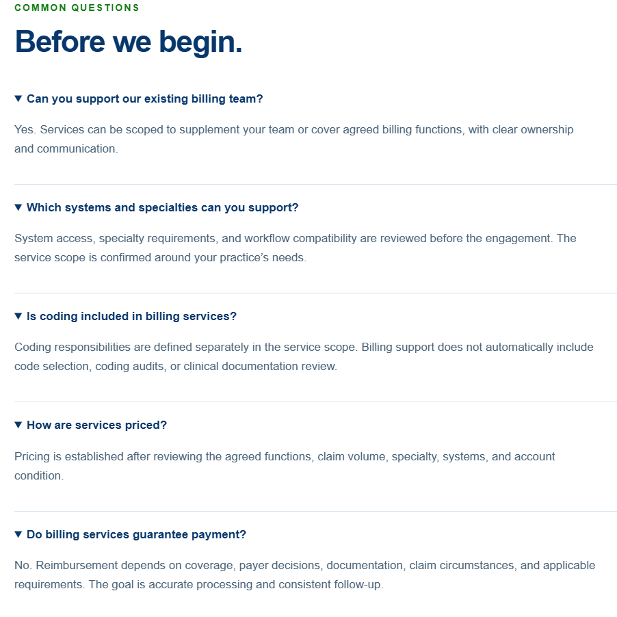 FAQ webpage with blue “Common questions” heading and accordion-style service pricing and support questions