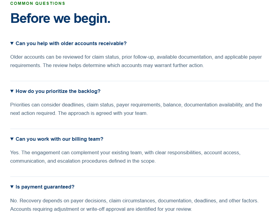 Webpage section titled “Before we begin” with a checklist of questions and blue headings.