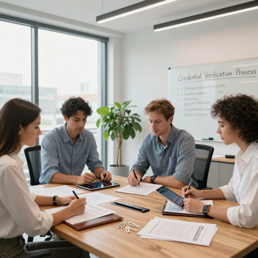Colleagues in a bright meeting room discussing documents around a conference table