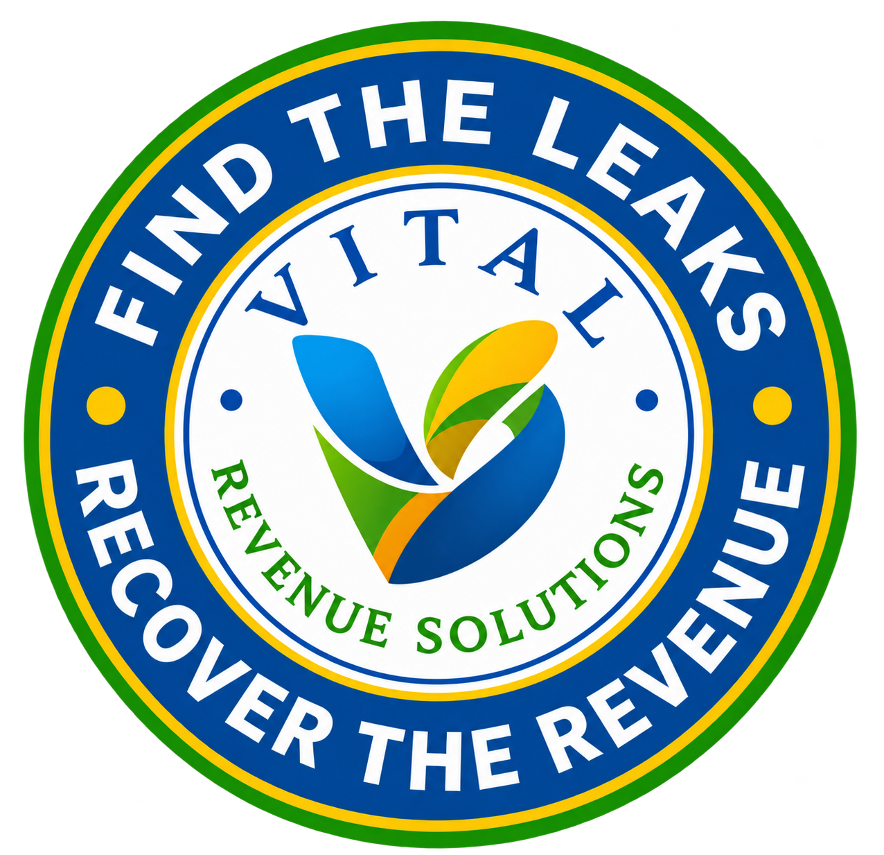 Circular logo for Vital Revenue Solutions with “Find the Leaks” and “Recover the Revenue” around a blue-green leaf icon