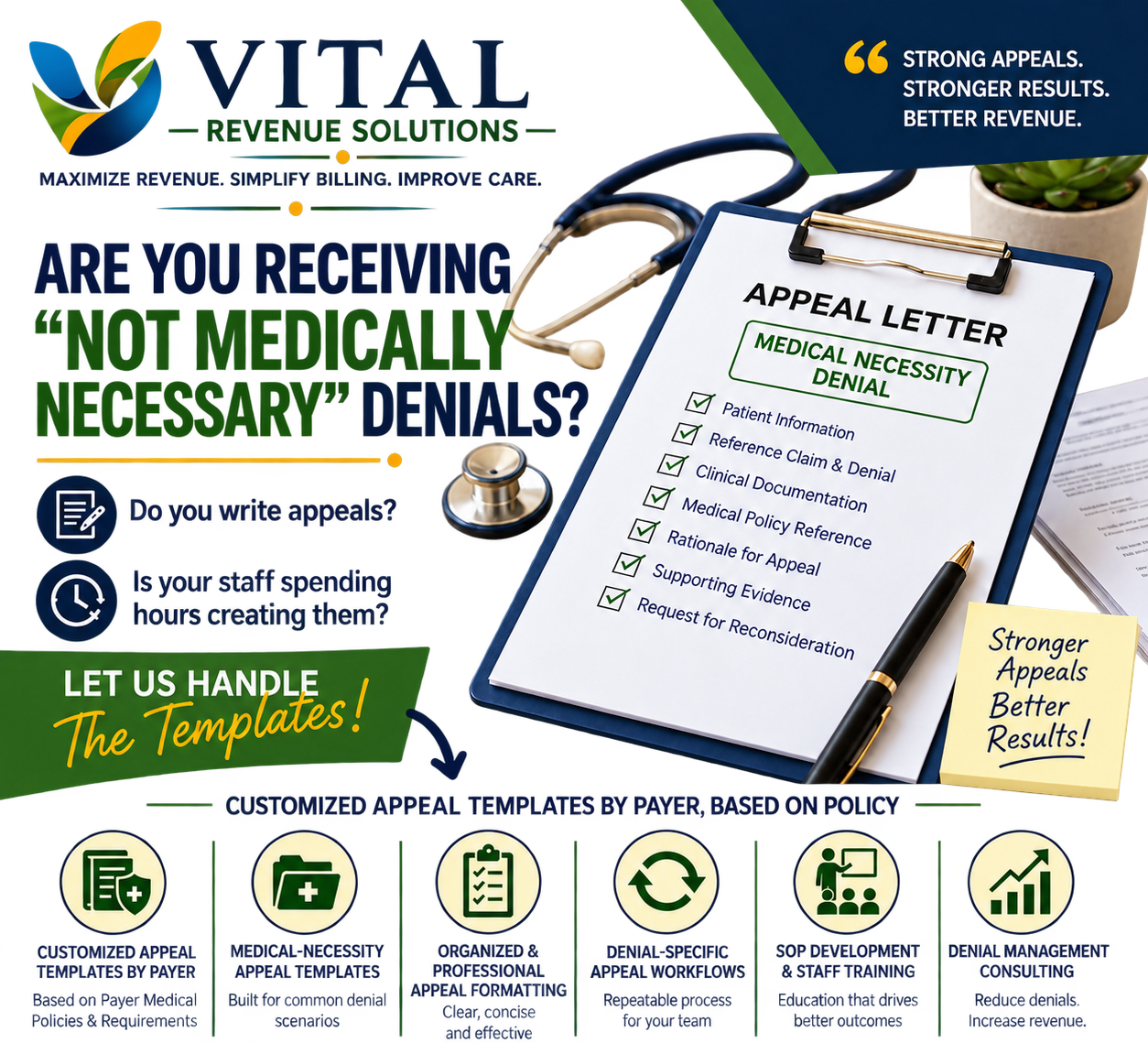 Vital Revenue Solutions ad for appealing denials, showing a clipboard appeal letter and green-blue branding.