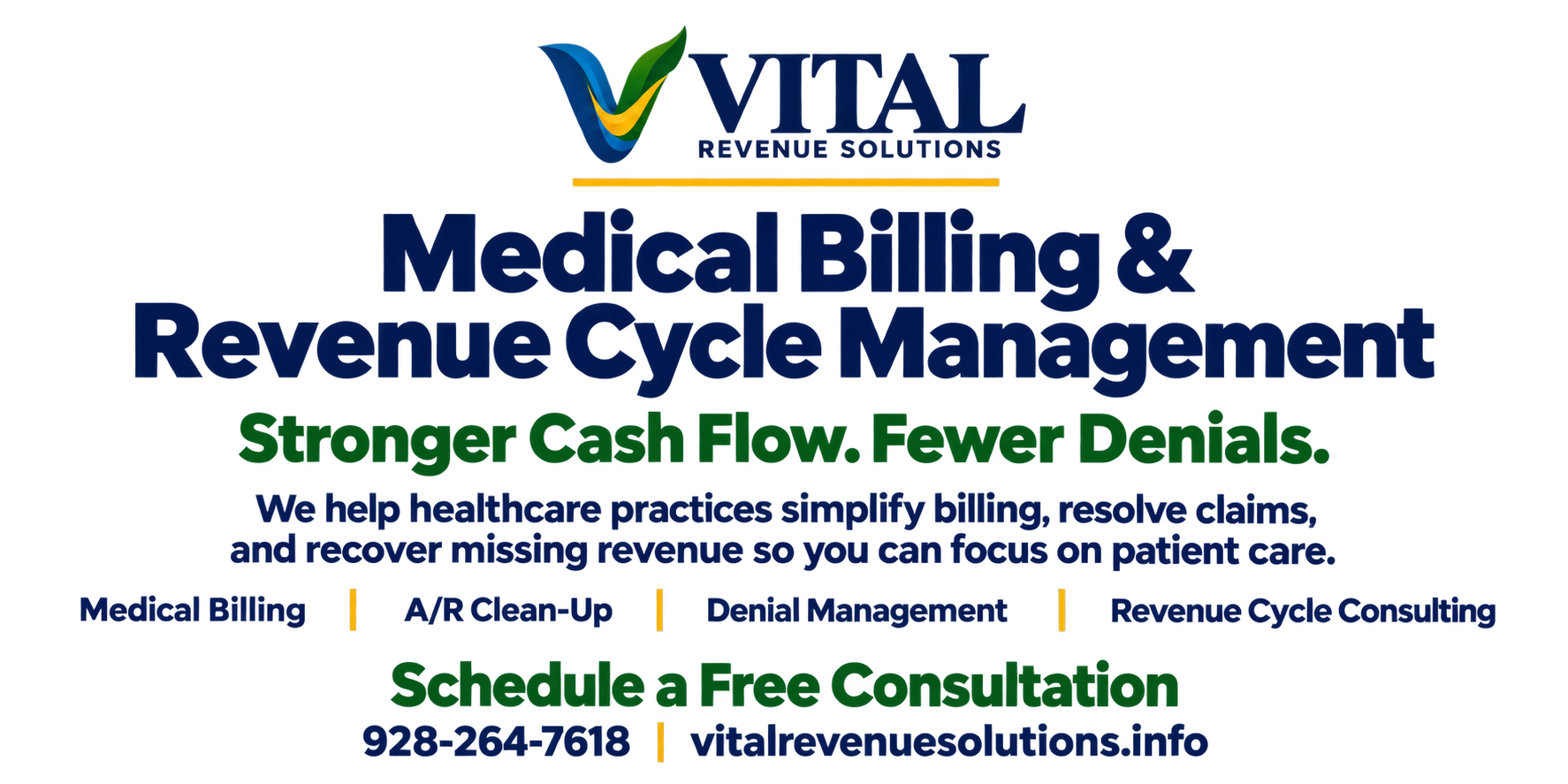 Vital Medical Solutions ad for medical billing and revenue cycle management, blue and green text with contact details