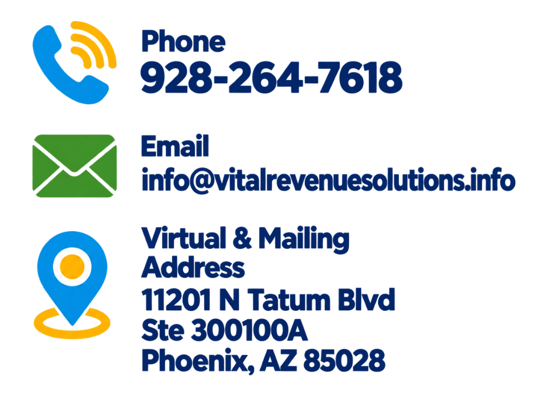 Contact info with phone 928-264-7618, email info@vitalrevenuesolutions.info, and Phoenix mailing address.