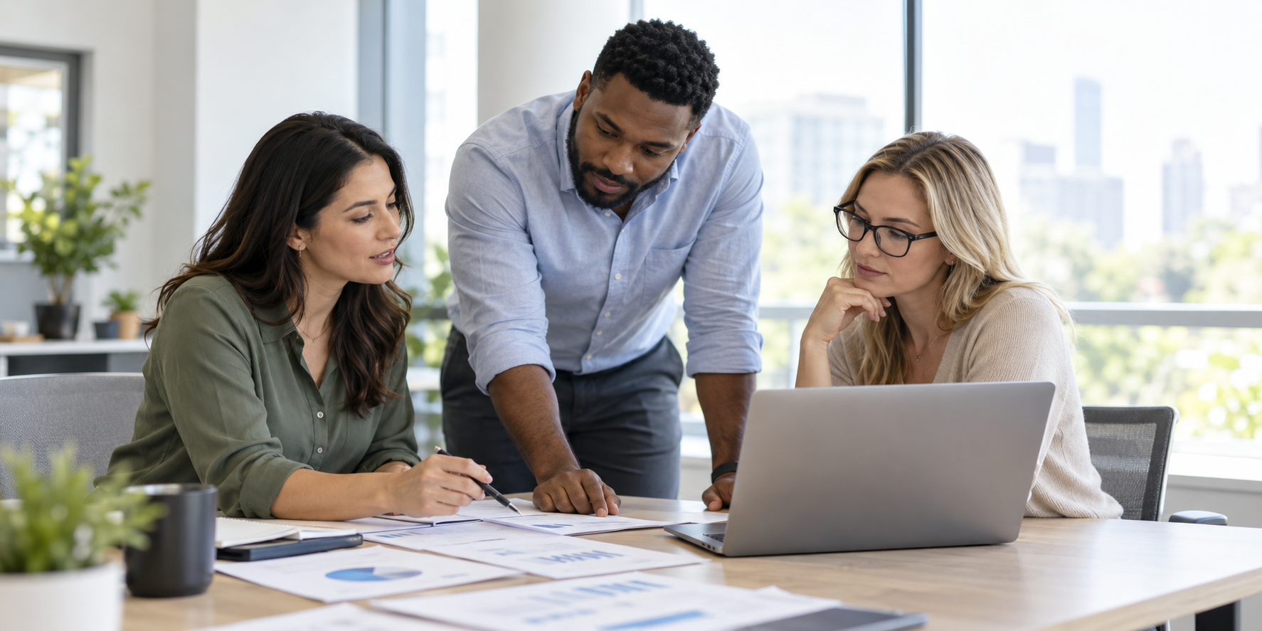 Three coworkers collaborate around a laptop at a bright office table.