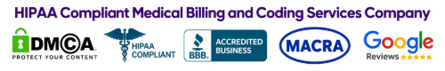 HIPAA-compliant medical billing company banner with DMCA, HIPAA, A2P, MACRA and Google reviews badges