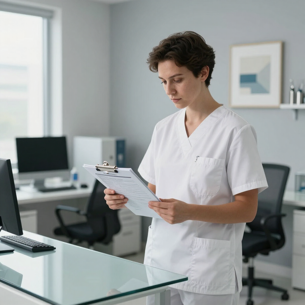 Healthcare worker in white scrubs reviewing a clipboard in a modern office