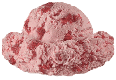 Pink strawberry ice cream scoop with chunks on a white background
