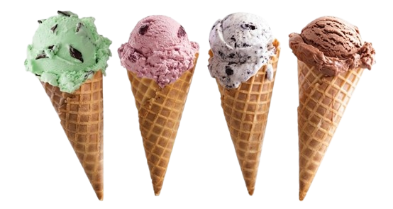 Four waffle cones with mint green, pink, cookies-and-cream, and chocolate ice cream scoops on a white background
