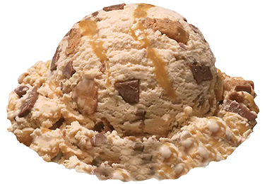 Ice cream scoop with caramel swirls and cookie pieces on a white background