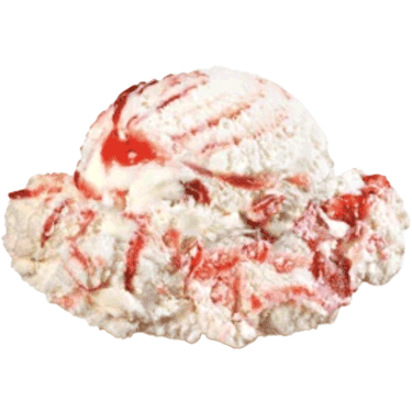 Scoop of vanilla ice cream swirled with red strawberry sauce on a white background