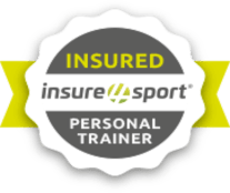 Badge: Insured personal trainer, grey circle with yellow accents,