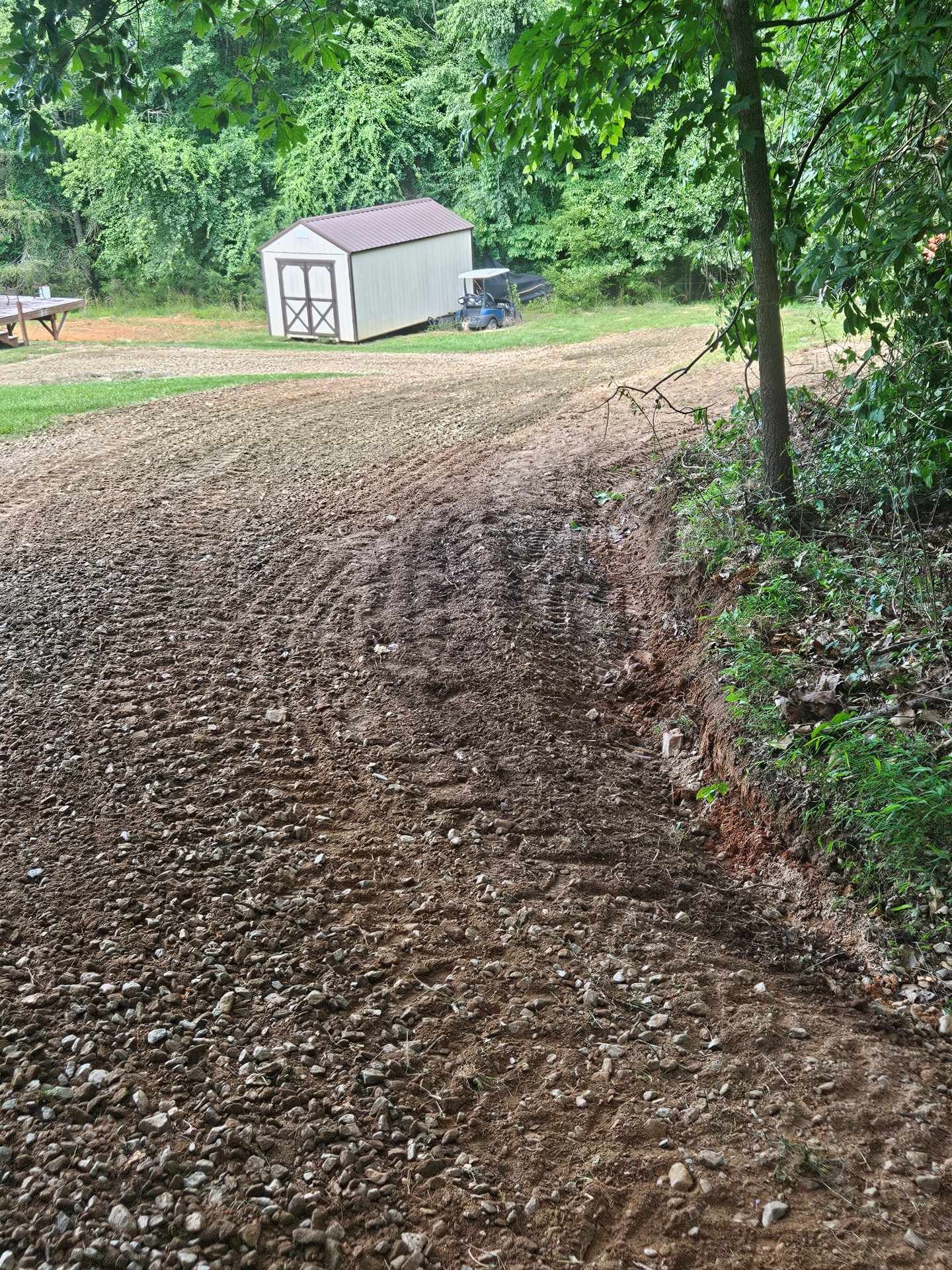 Freshly mulched driveway leading to a small white shed by a wooded yard