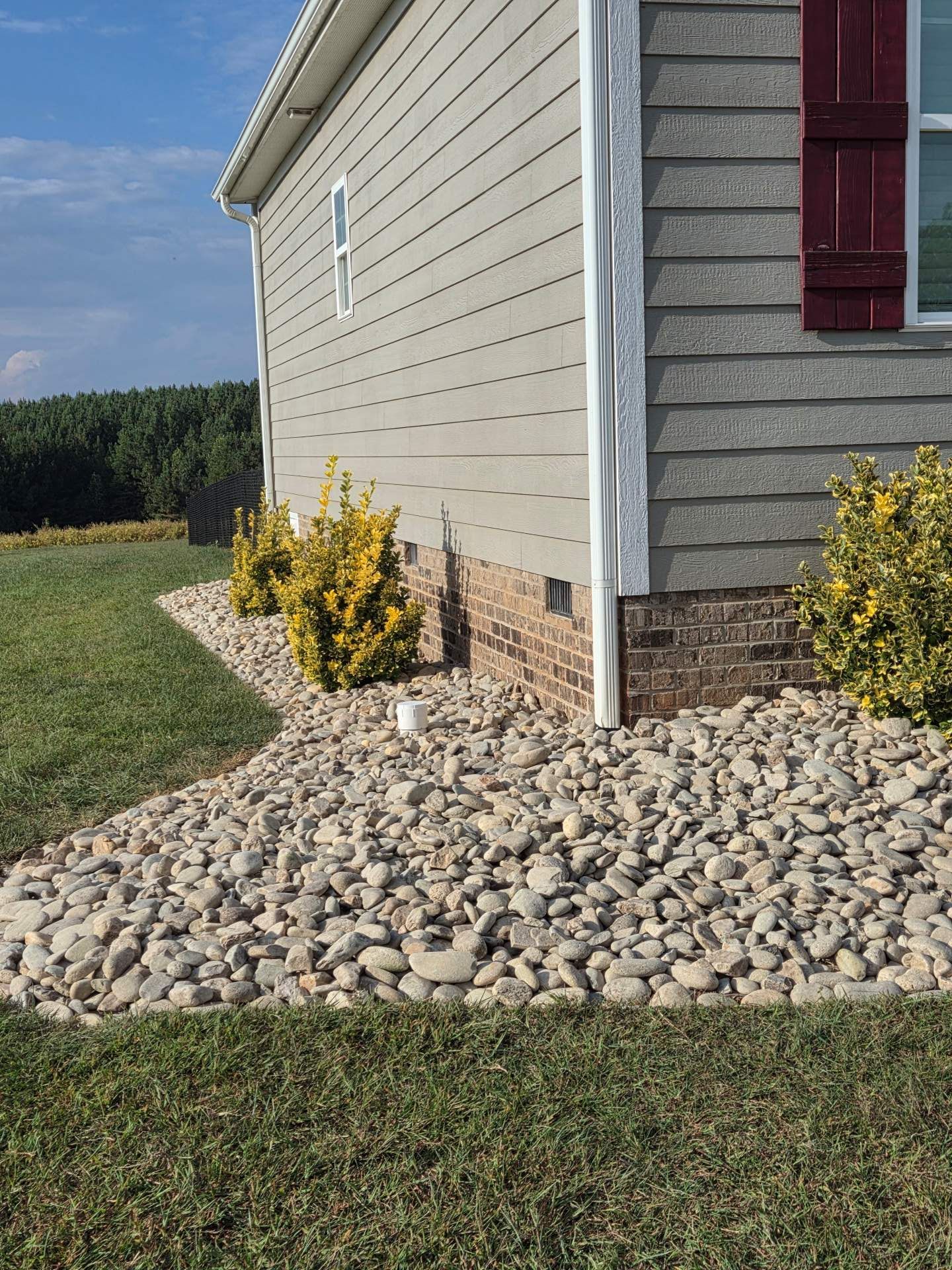 Side of a beige house with rock landscaping, yellow shrubs, and grass yard under clear sky
