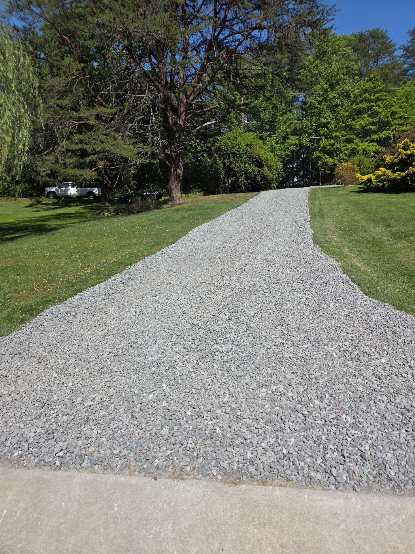 Gravel driveway curving through a green lawn with trees and shrubs on a sunny day