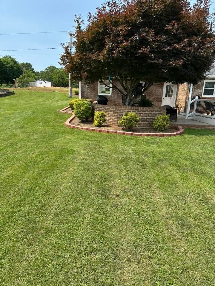 Lawn and landscaped brick front yard with a large tree and house porch in the background