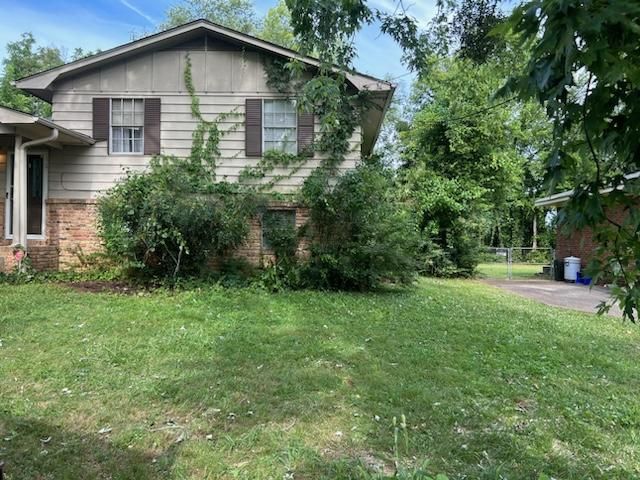 Small house with overgrown front yard, trees, and a driveway on the right