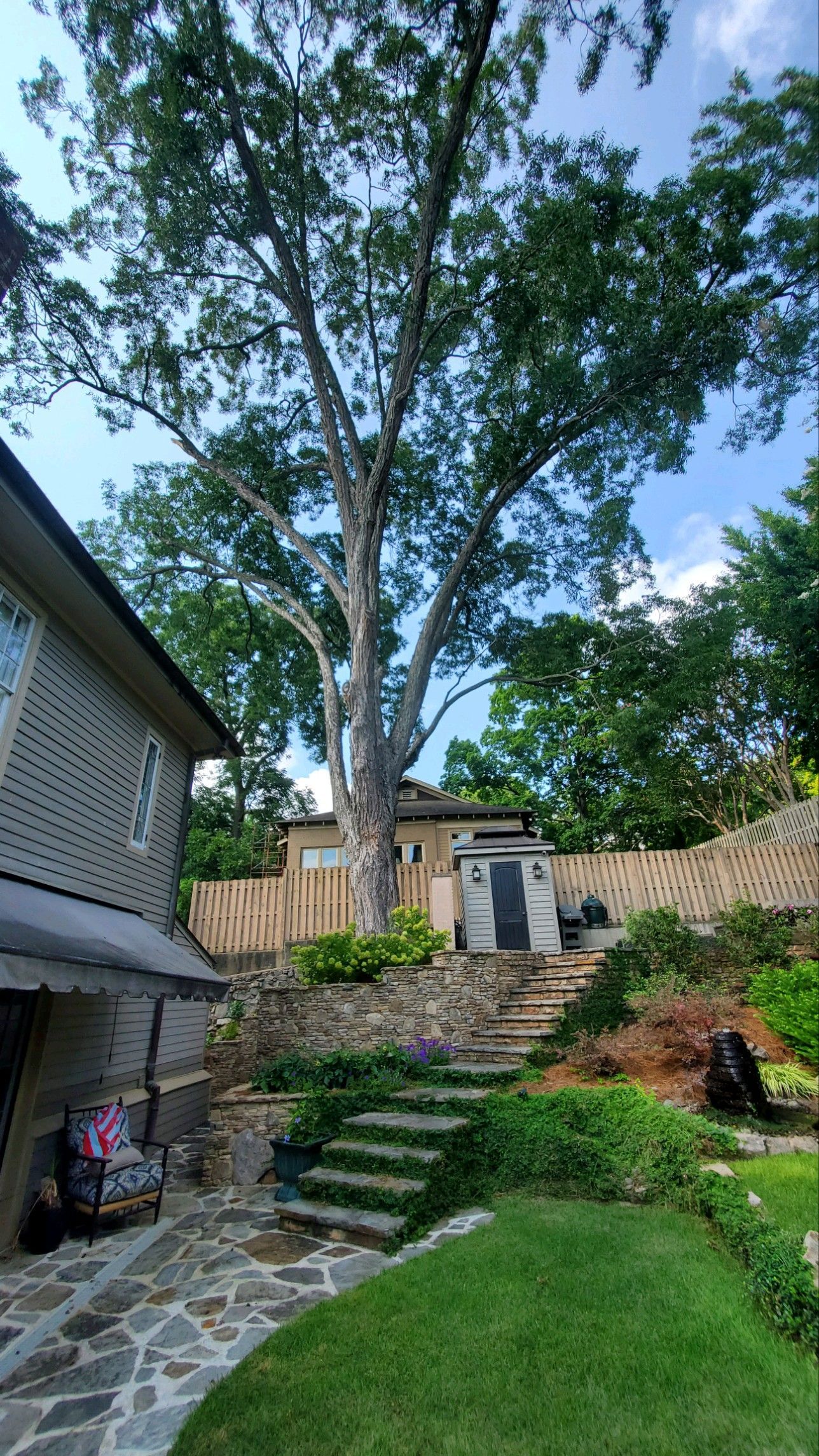 Backyard with stone steps, large tree, grass, fence, and a house deck on the left