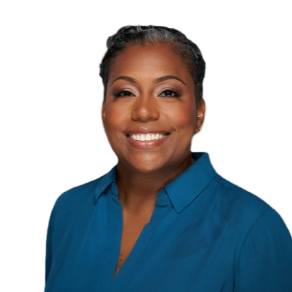 Smiling woman in a blue blouse against a white background