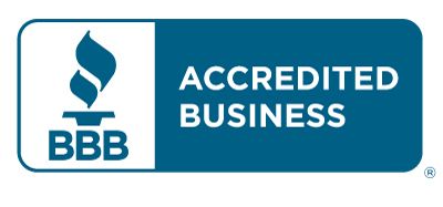 BBB Accredited Business logo with blue shield icon and white text on a teal background
