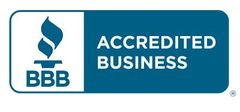 BBB Accredited Business logo with blue shield icon and white text on a teal background