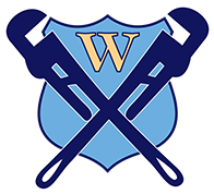 A blue shield with two crossed wrenches and the letter w on it.