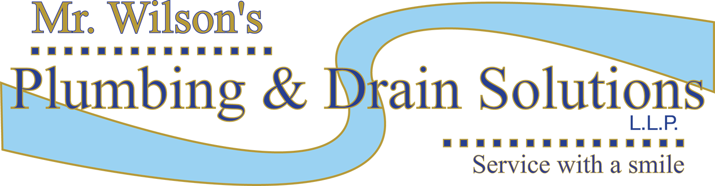 Logo for Mr. Wilson's Plumbing & Drain Service LLC with a blue wave and the tagline &ldquo;Service with a smile&rdquo;