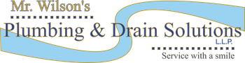 Logo for Mr. Wilson's Plumbing & Drain Service LLC with a blue wave and the tagline &ldquo;Service with a smile&rdquo;