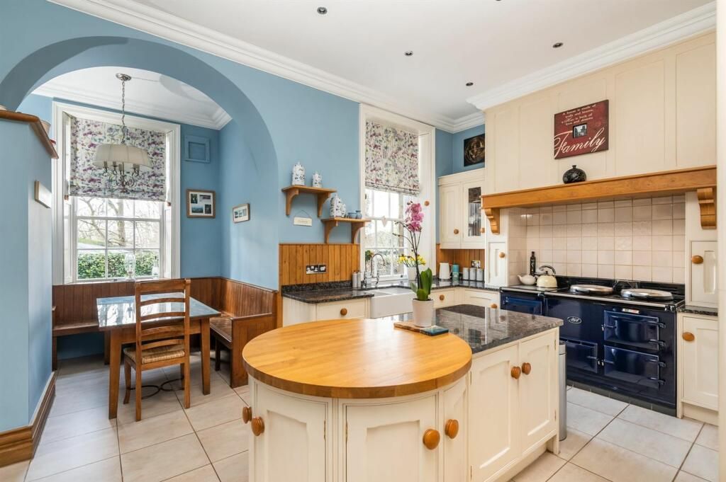 interior painting and decorating - kitchen - blue - white - cream - brown - large ceilings