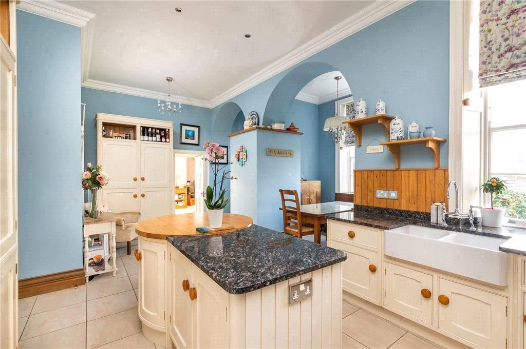 interior painting and decorating - kitchen - blue - white - cream - brown - large ceilings
