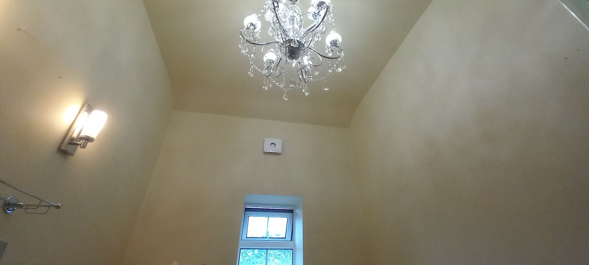 Prepared bathroom ceiling – substrate sealed, primed and coated with breathable paints, restoring period plaster integrity
