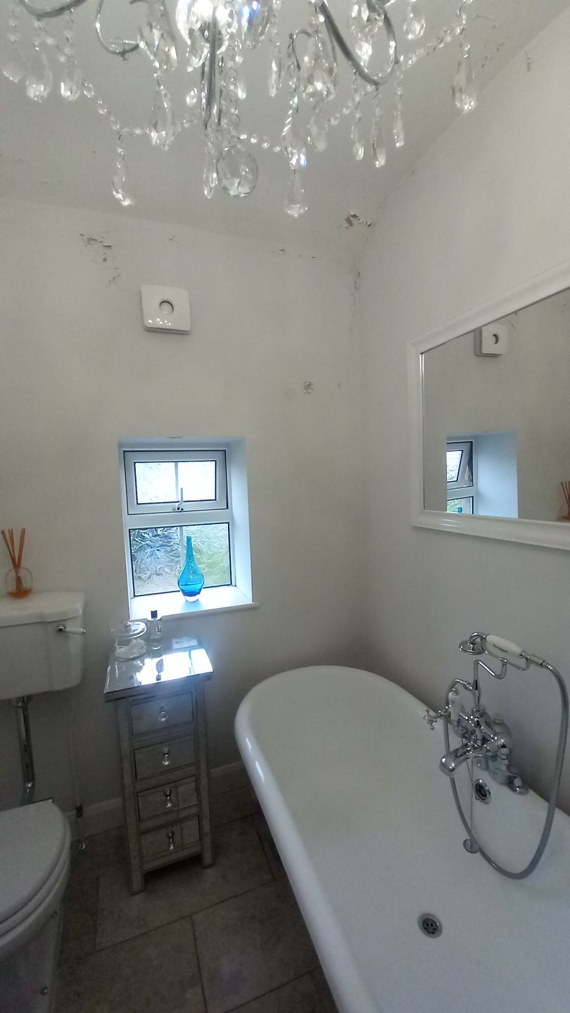 Surface rubbed back in heritage bathroom – flaking paint removed, original plaster stabilised and sealed before priming