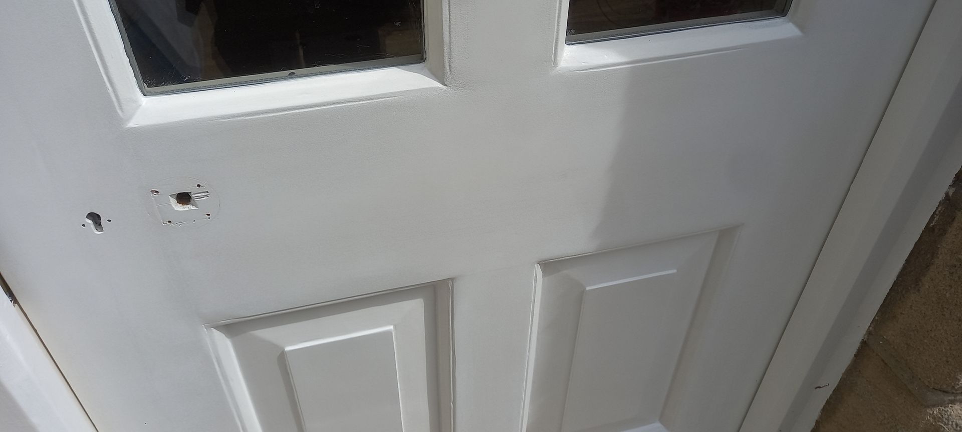 External door maintenance – damage treated, filled and sanded back, ensuring seamless integration with period panel detailing