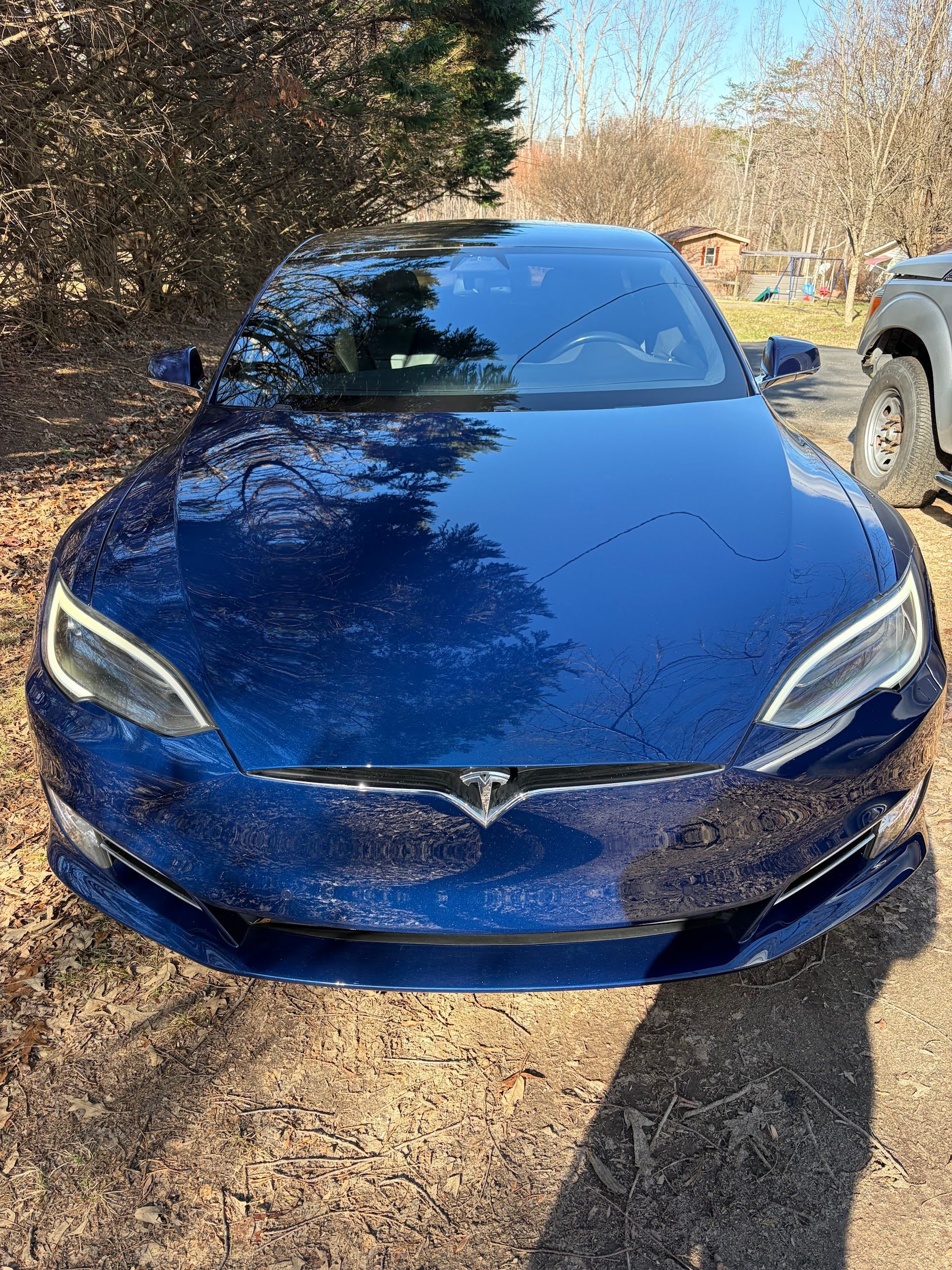 Blue Tesla Sedan Front View Outdoors | Pulse Automotive