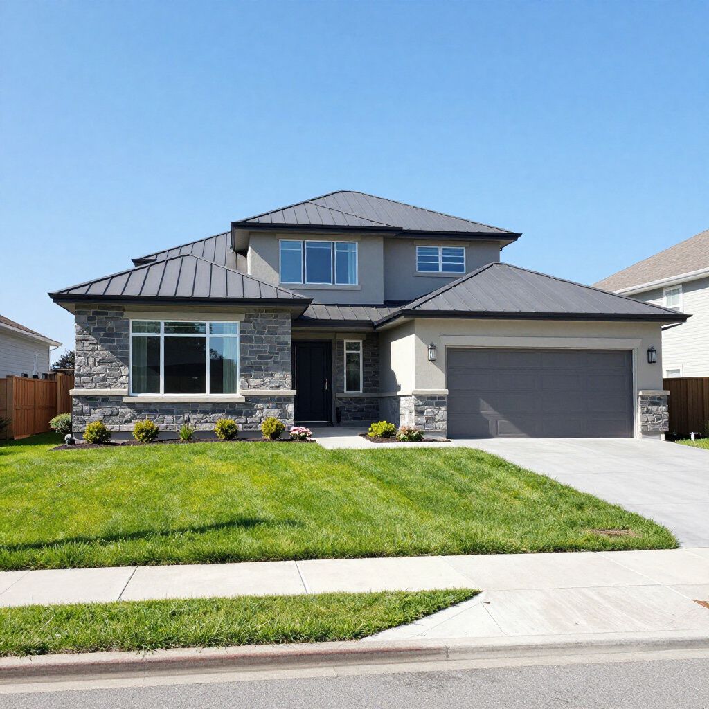 Modern two-story house with gray roof and siding, stone accent wall, green lawn, and blue sky.