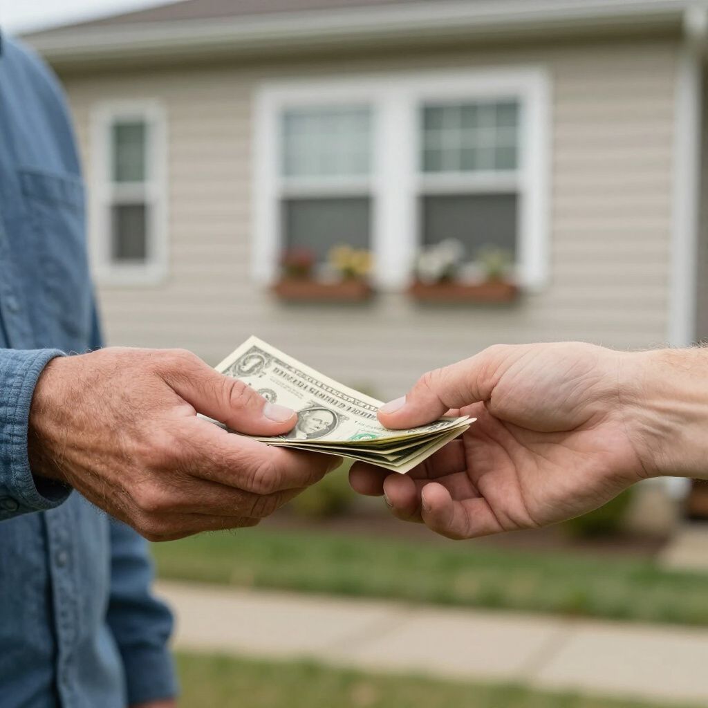 Two people exchanging money in front of a house.