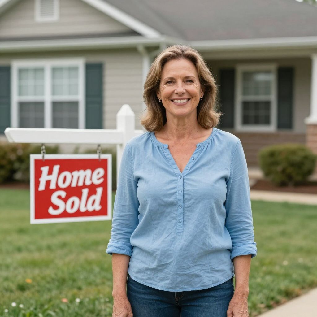 Woman standing in front of a house, a 