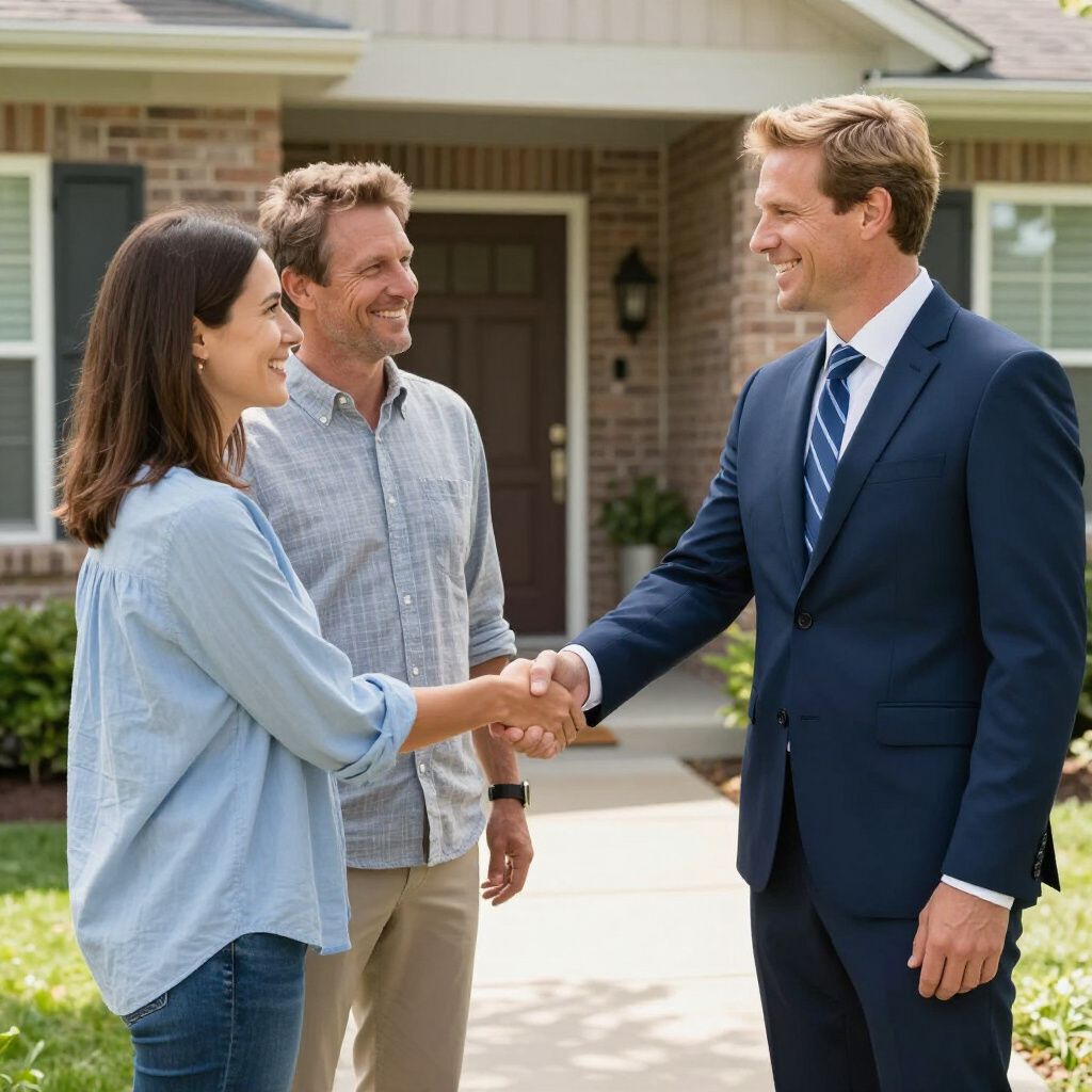 A real estate agent shaking hands with a couple in front of a house.