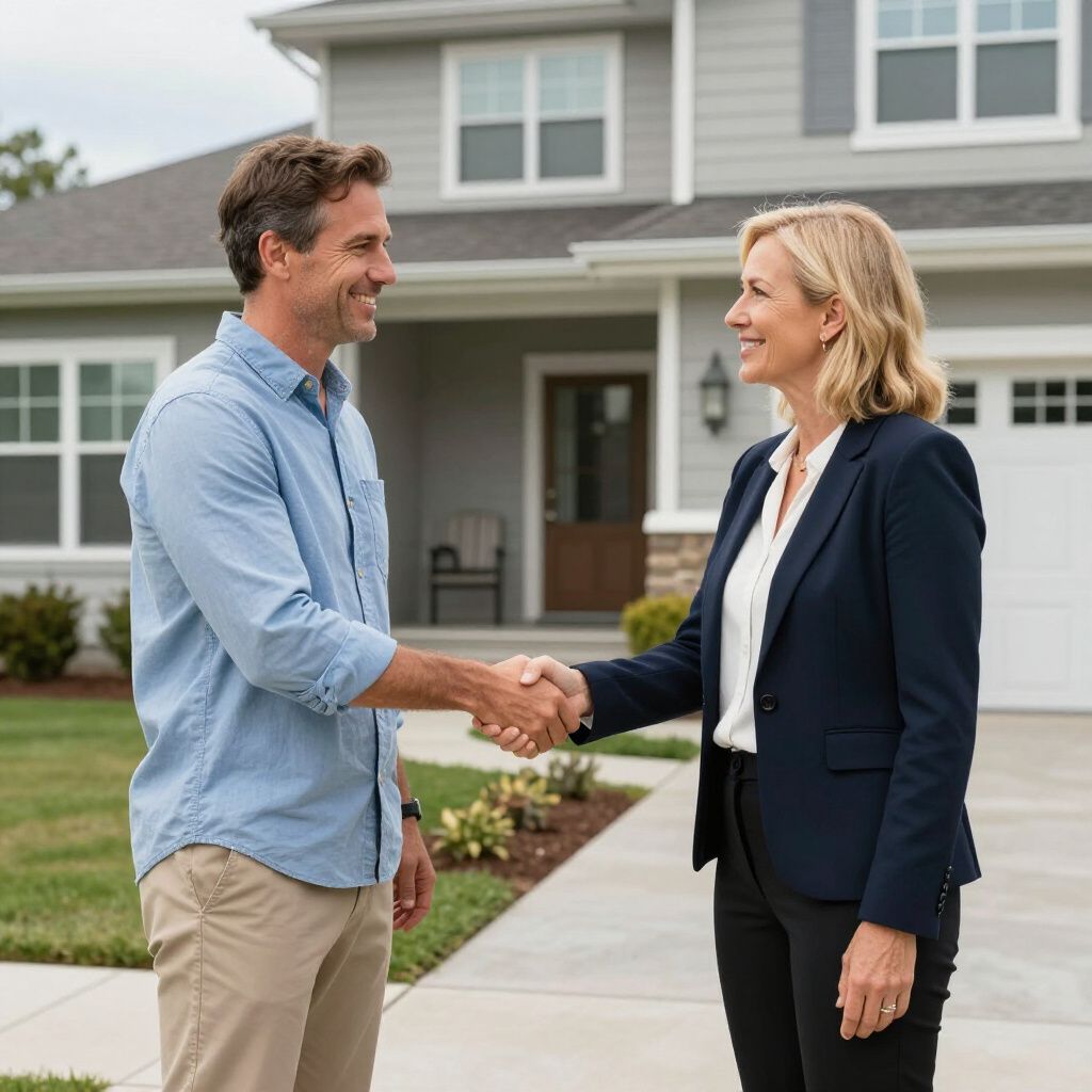 Man and woman shaking hands in front of a house; likely a real estate transaction.