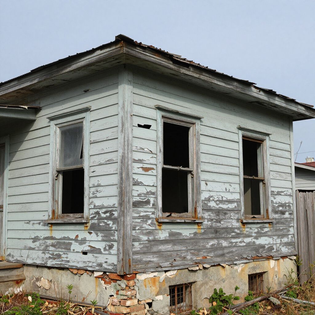 Dilapidated blue house with peeling paint, missing windows, and deteriorating foundation.