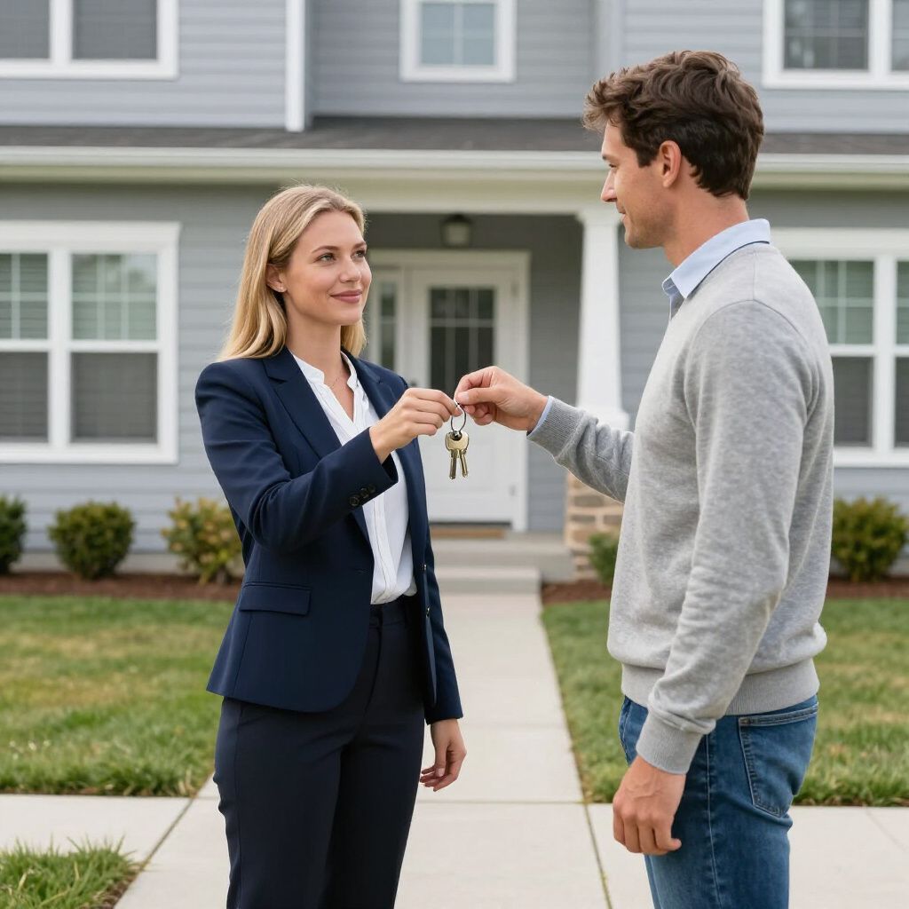 Real estate agent handing keys to a person in front of a house.