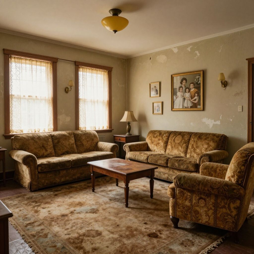 Living room with worn furniture, patterned rug, family photos on wall, and peeling paint.