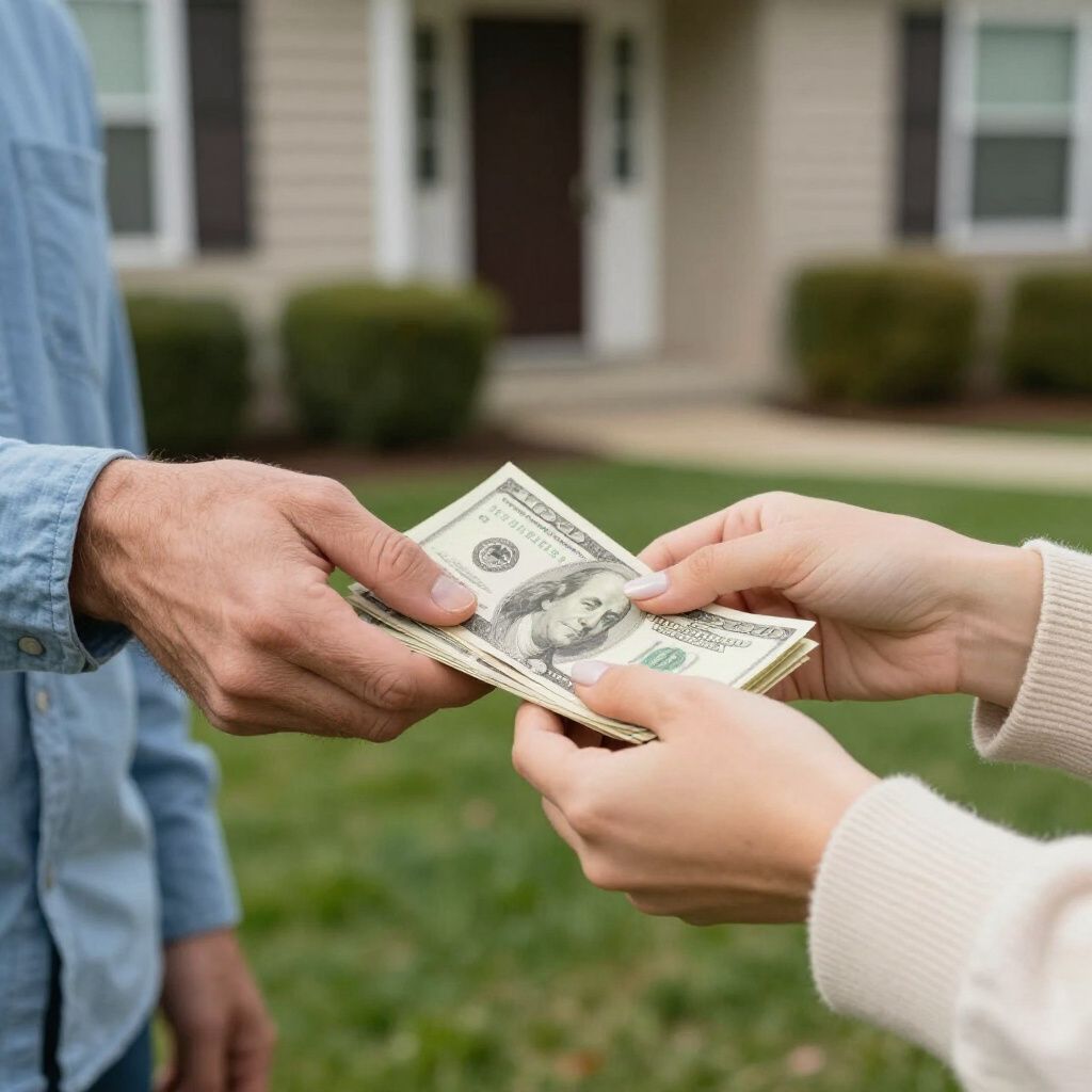 Hands exchanging a stack of US $100 bills in front of a house.